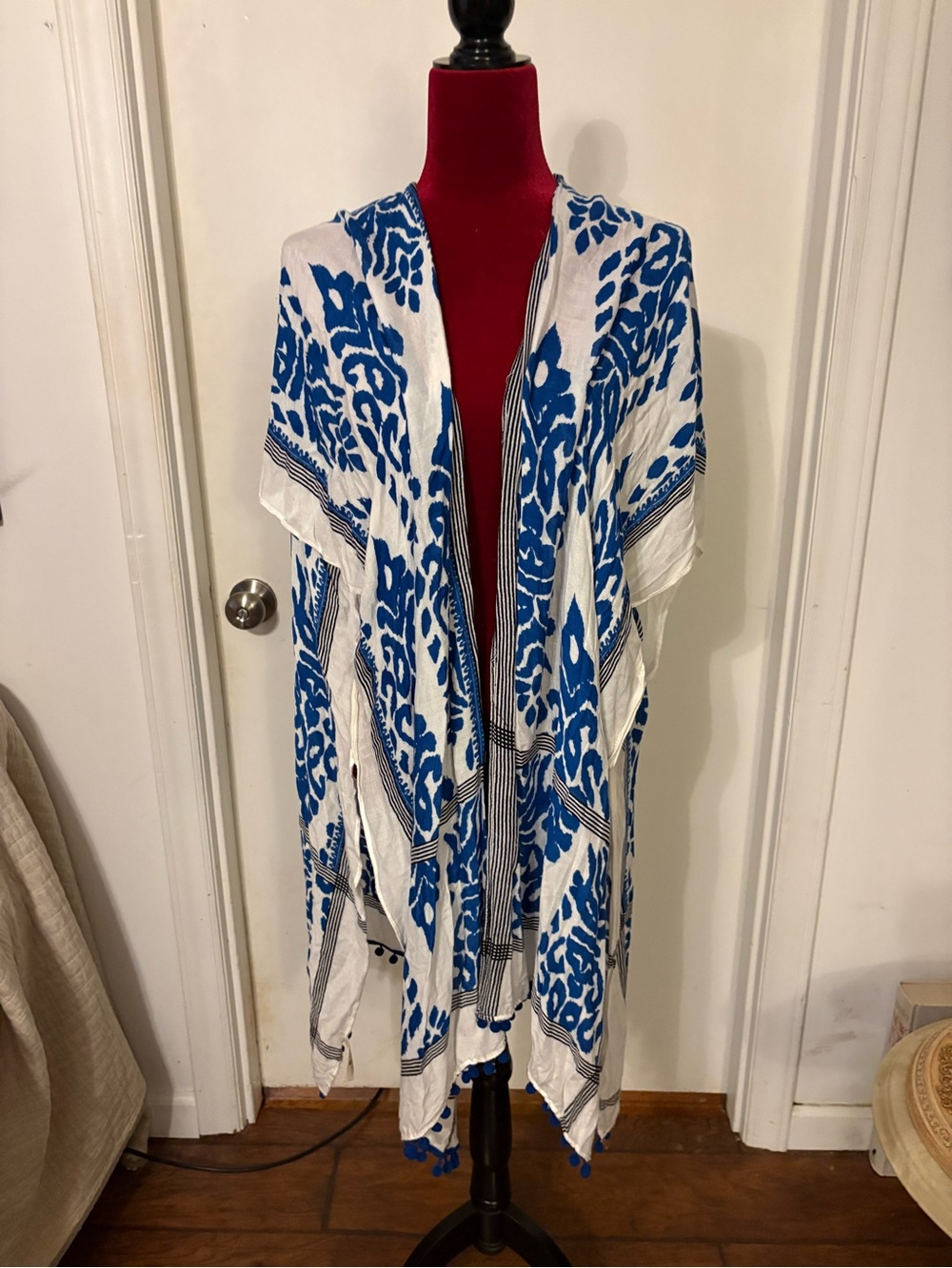 White and Blue Printed Open Kimono - Unbranded